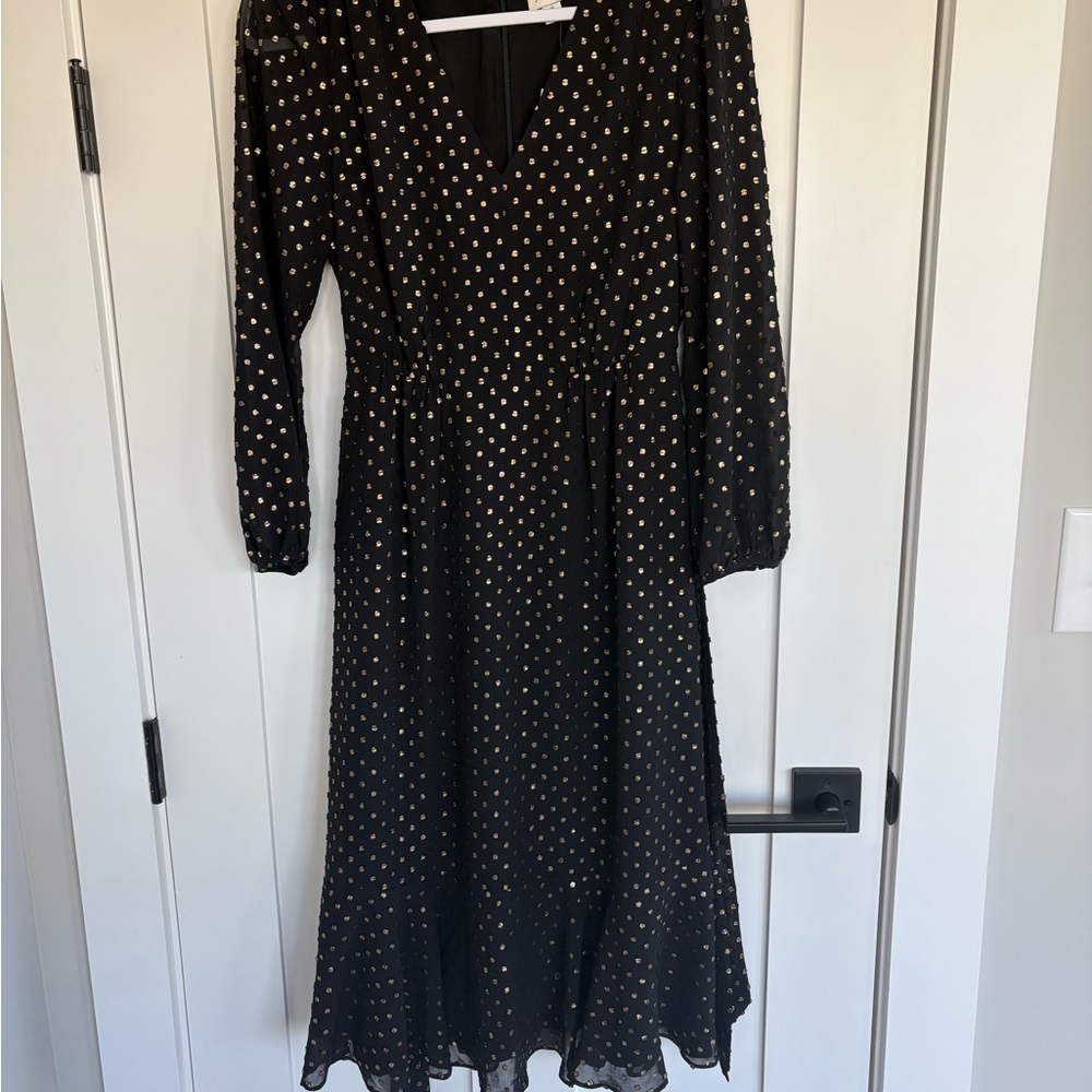 J. Crew Gold and Black Bishop Sleeve Midi Dress